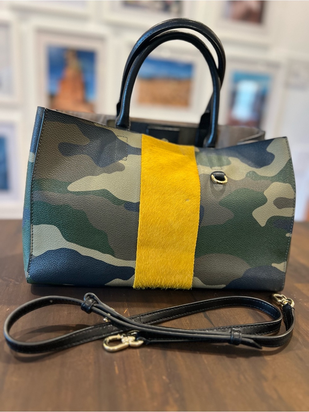 RARE Banana Republic Mini Larkin Camo Tote w Yellow Calf Hair Stripe